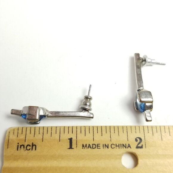 Vintage Blue Rhinestone Silver Tone Stud Drop Earrings, Minimal Design - Picture 4 of 6